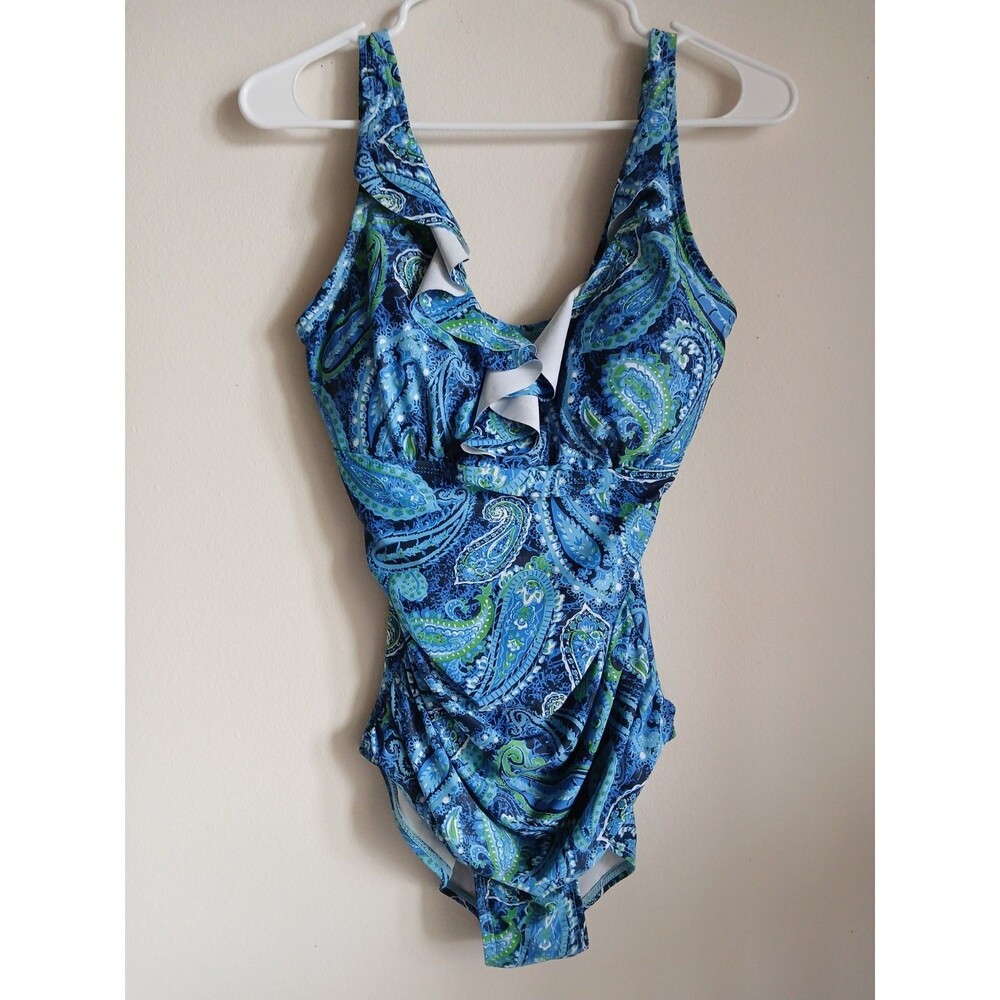 PERONA One Piece Swimsuit Size 10 Blue Paisley Ruffle